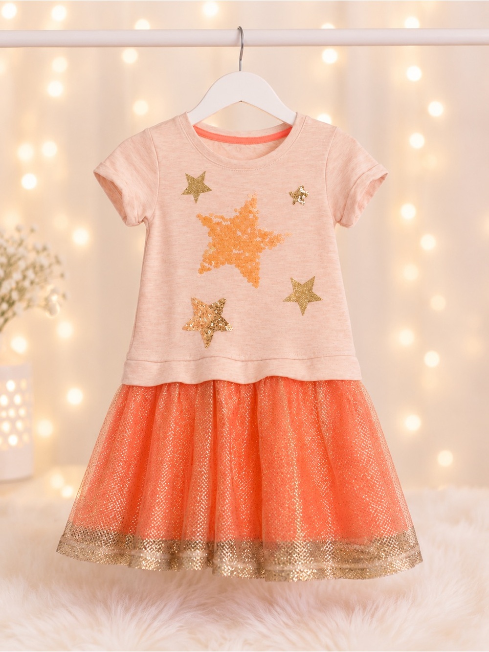 Cat & Jack Pink Top with Coral Tulle Skirt and Gold Stars Dress